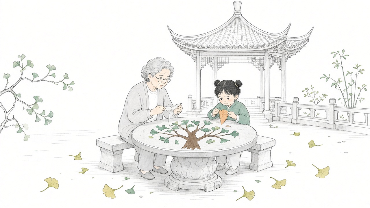 小区凉亭的石桌旁,外婆两只拇指并拢撕出细纸条,大班外孙女看着手里撕歪的胡萝卜形纸条皱眉