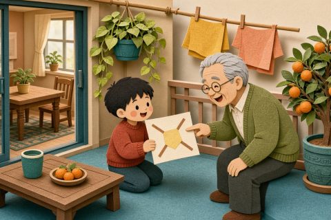 阳台上男孩举着把桌腿画成向四面摊开的画给外公看