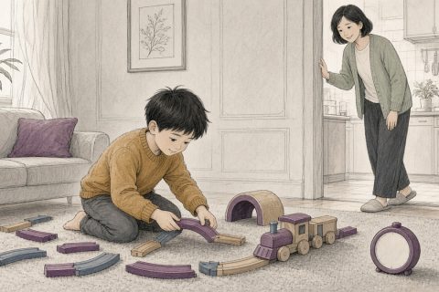 周末客厅地毯上，短发男孩跪着拼彩色轨道，厨房门口妈妈探身提醒，地上放着厨房计时器