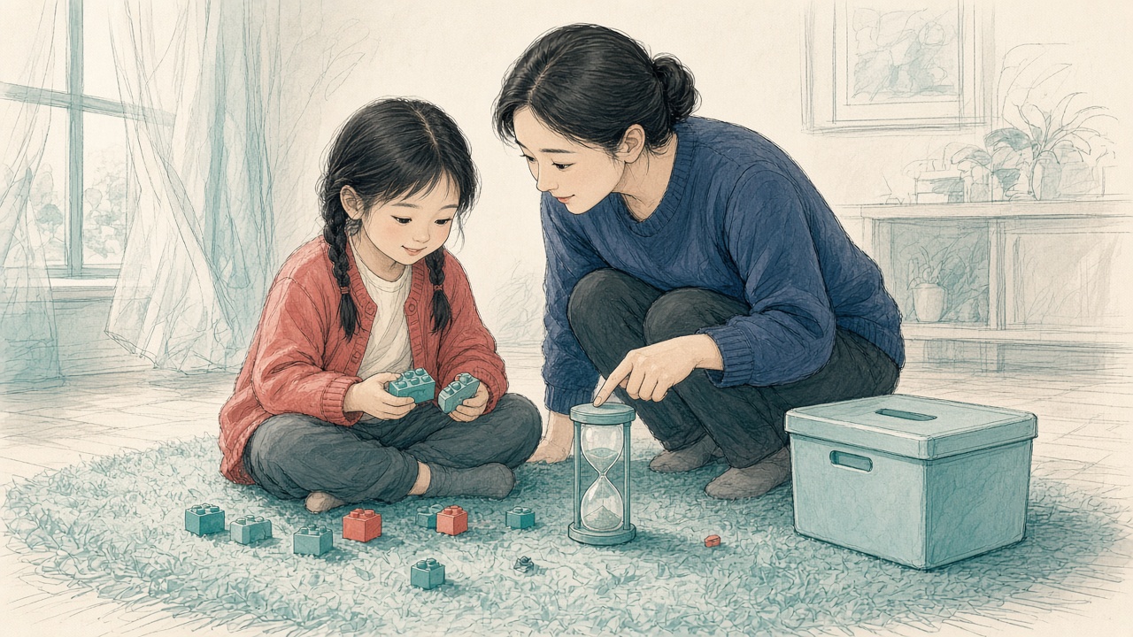 中景:双辫女孩坐地毯听妈妈指沙漏做预告,手持拼插块,沙漏旁有收纳盒