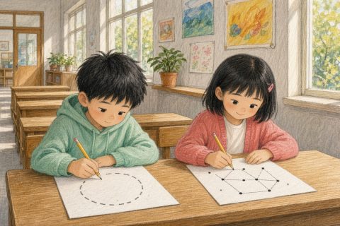 美术兴趣班走廊，男孩描虚线圆画成几截，旁边女孩直线连线已画完