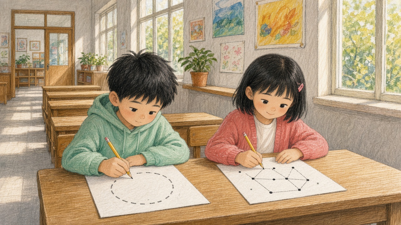 美术兴趣班走廊,男孩描虚线圆画成几截,旁边女孩直线连线已画完