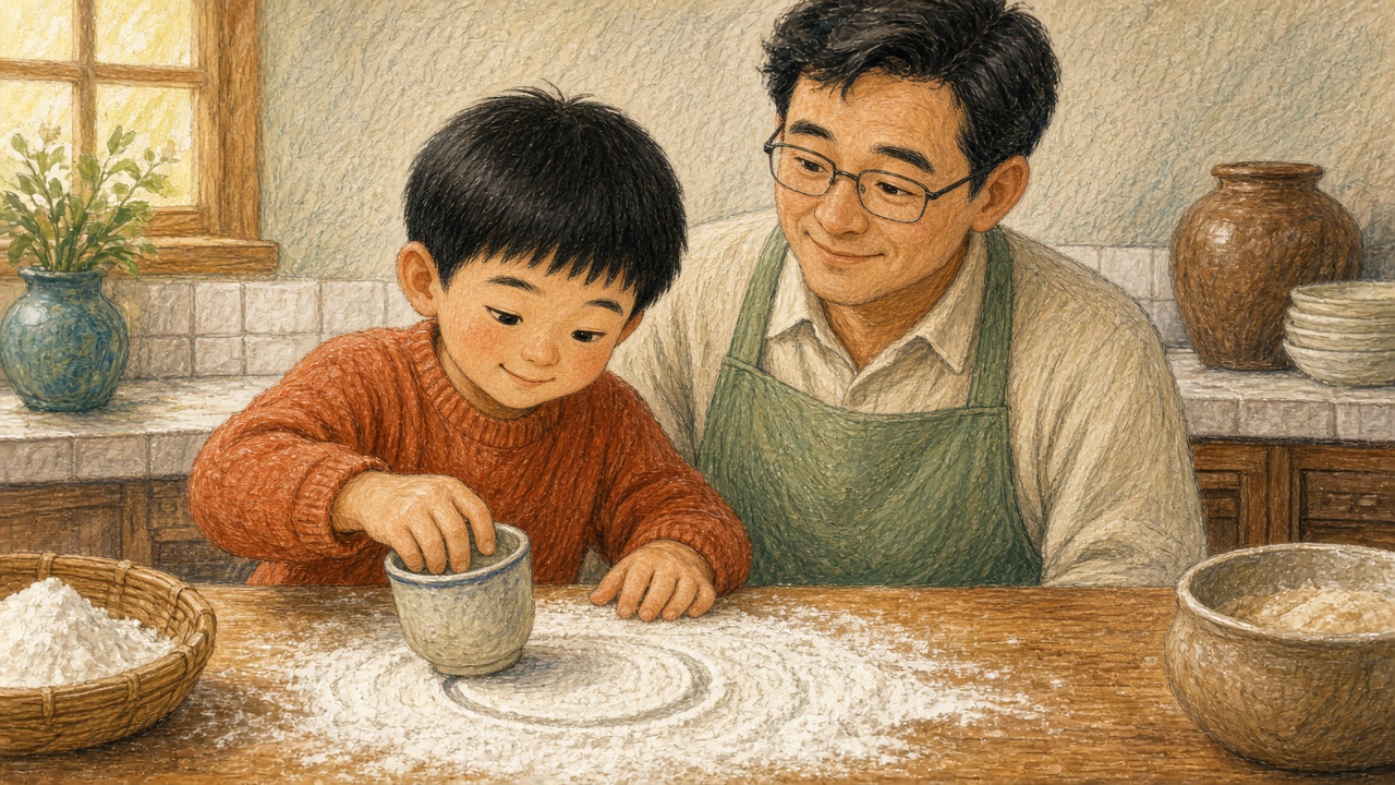 厨房案板上男孩用杯口在面粉里按出圆印,爸爸在旁看着