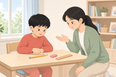 书房书桌男孩指铅笔妈妈蹲问共同点