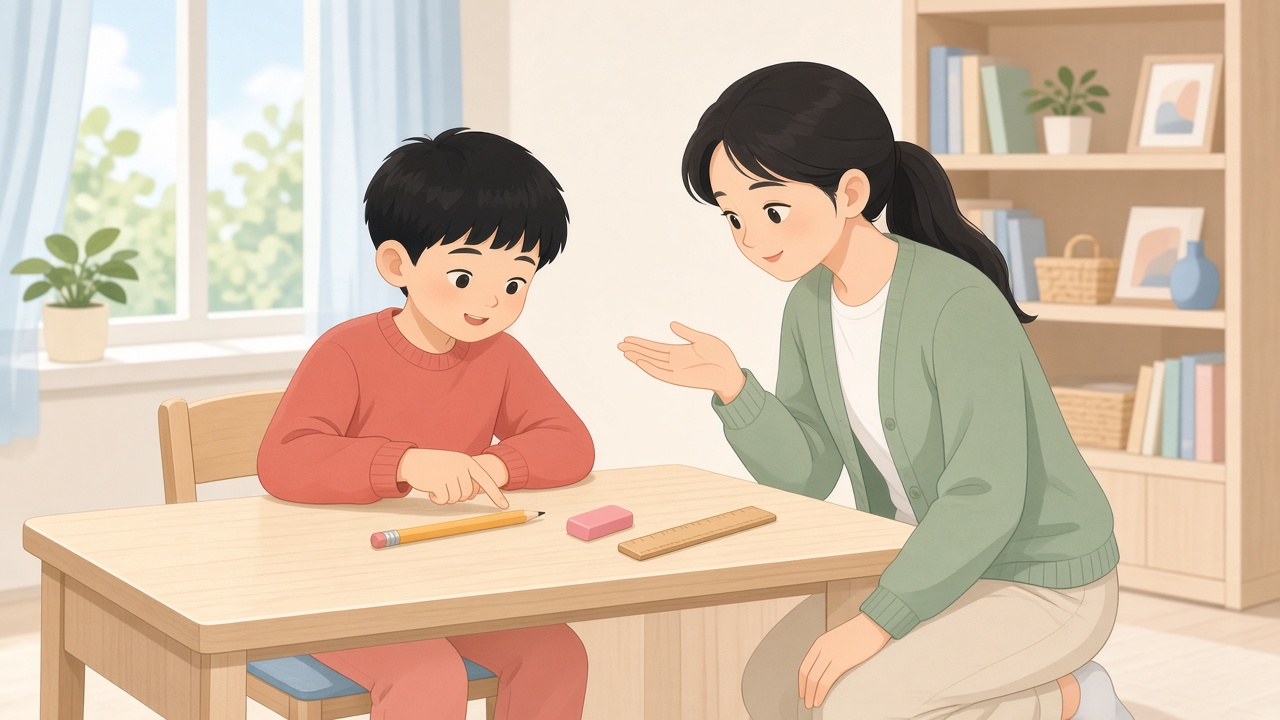 书房书桌男孩指铅笔妈妈蹲问共同点