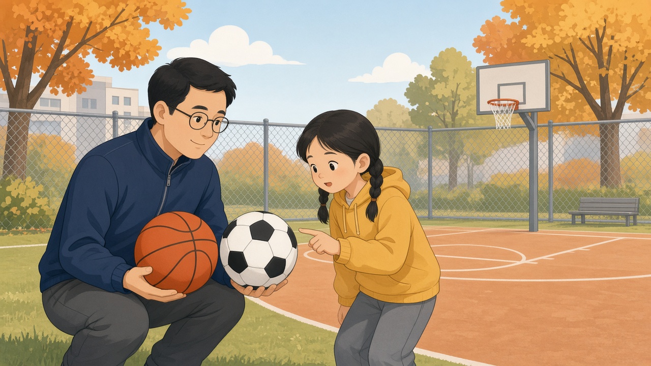 小区球场爸爸与女孩比篮球足球共同点