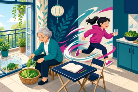外婆家阳台边的折叠小桌，扎马尾的女孩端着空杯子跳下椅子去倒水，外婆坐在小凳上择菜