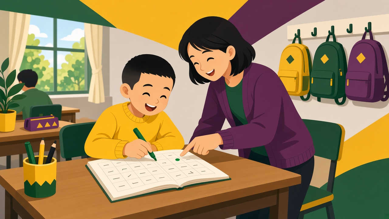 托管教室里,男孩抄完一行后用绿笔在写得好的字旁点一个小点,老师笑着凑近看