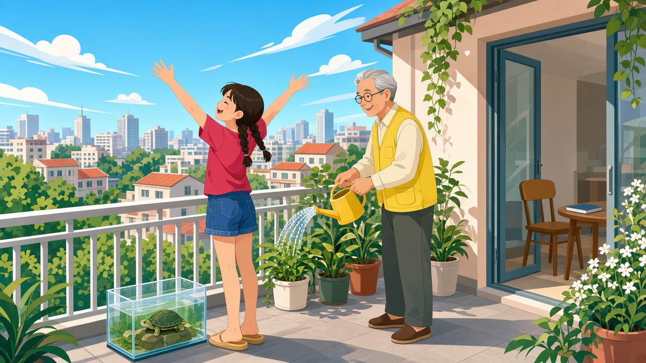 阳台上,扎辫子的女孩踮脚伸展双臂望向远处,外公在一旁给花浇水