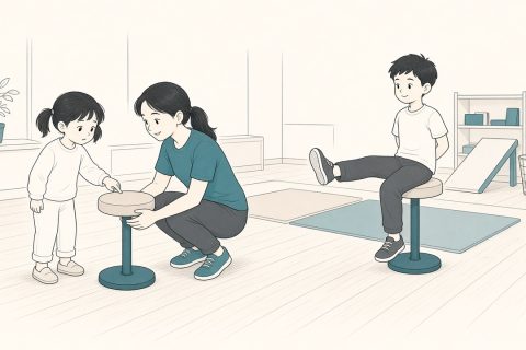 感统教室里，小女孩好奇地伸手碰独脚凳，老师在旁扶稳凳子