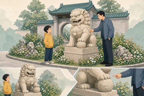 小区花坛边石狮子，正面站着的男孩只看见威风脑袋，侧边爸爸指着爪下绣球