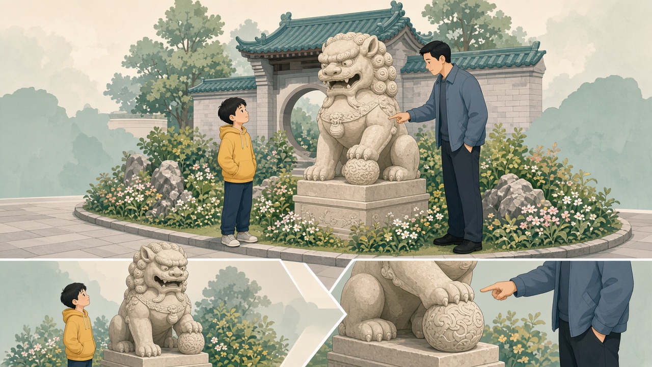 小区花坛边石狮子,正面站着的男孩只看见威风脑袋,侧边爸爸指着爪下绣球
