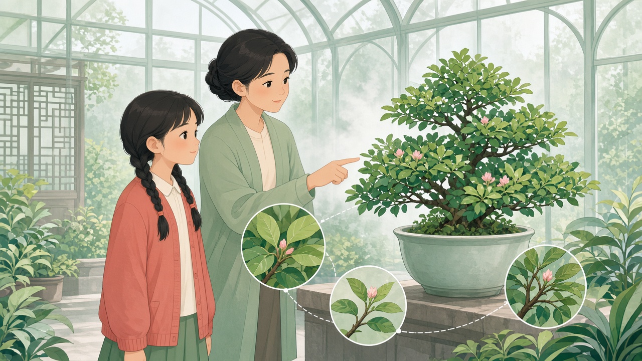 温室里女孩正面看一盆绿叶,妈妈侧移后指着叶腋里的花骨朵